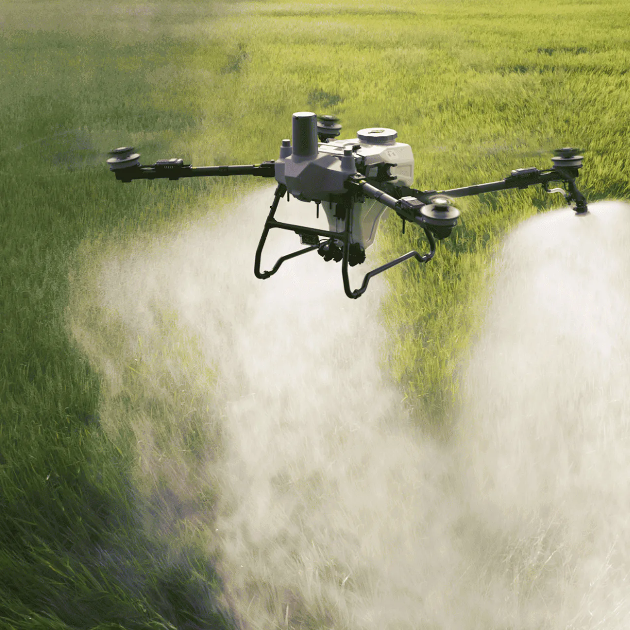 Aplikační dron při listové výživě nad zeleným porostem