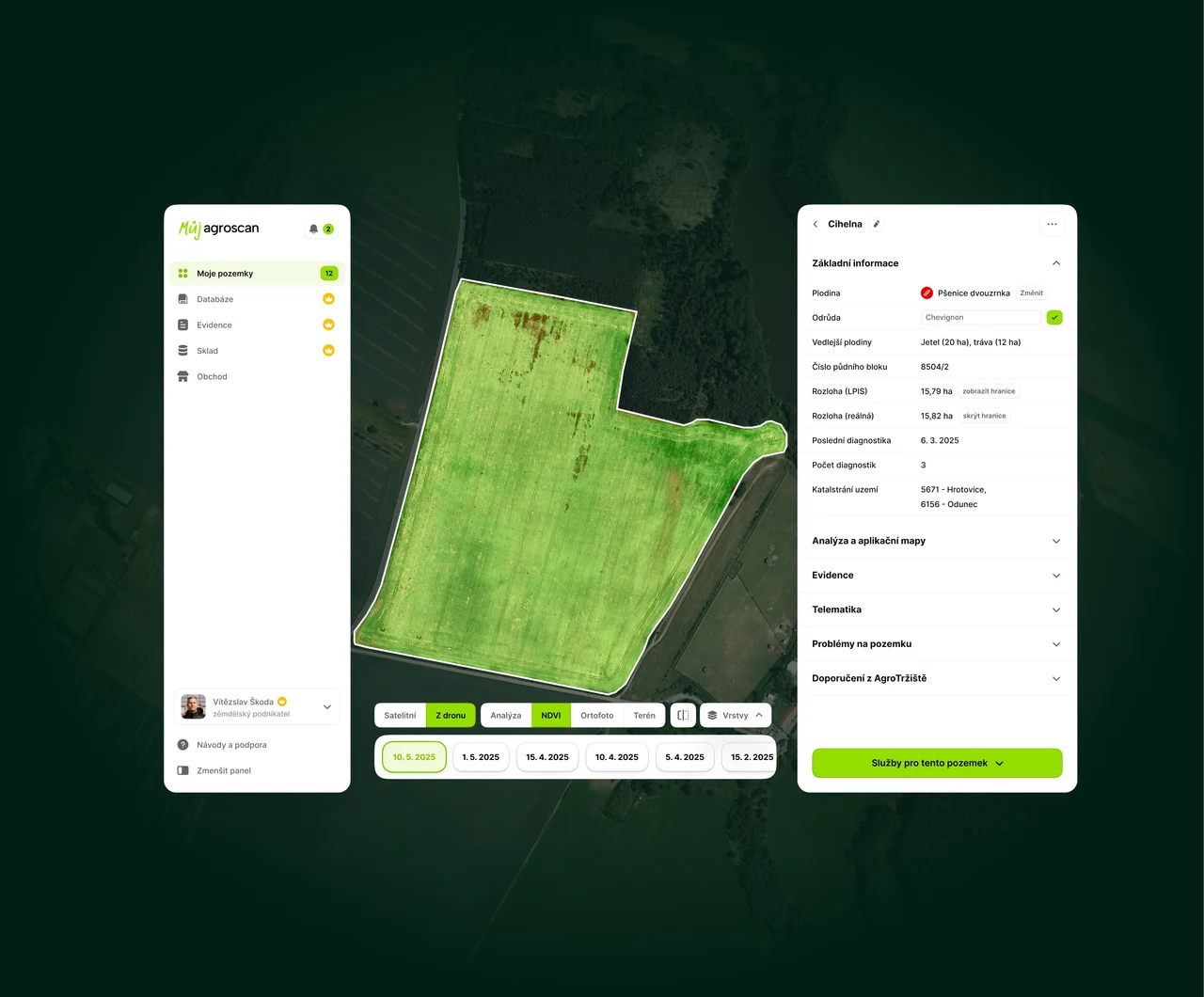 Rozhraní aplikace Můj Agroscan s ortofotem pozemku, vegetační mapou NDVI a detailem pozemku