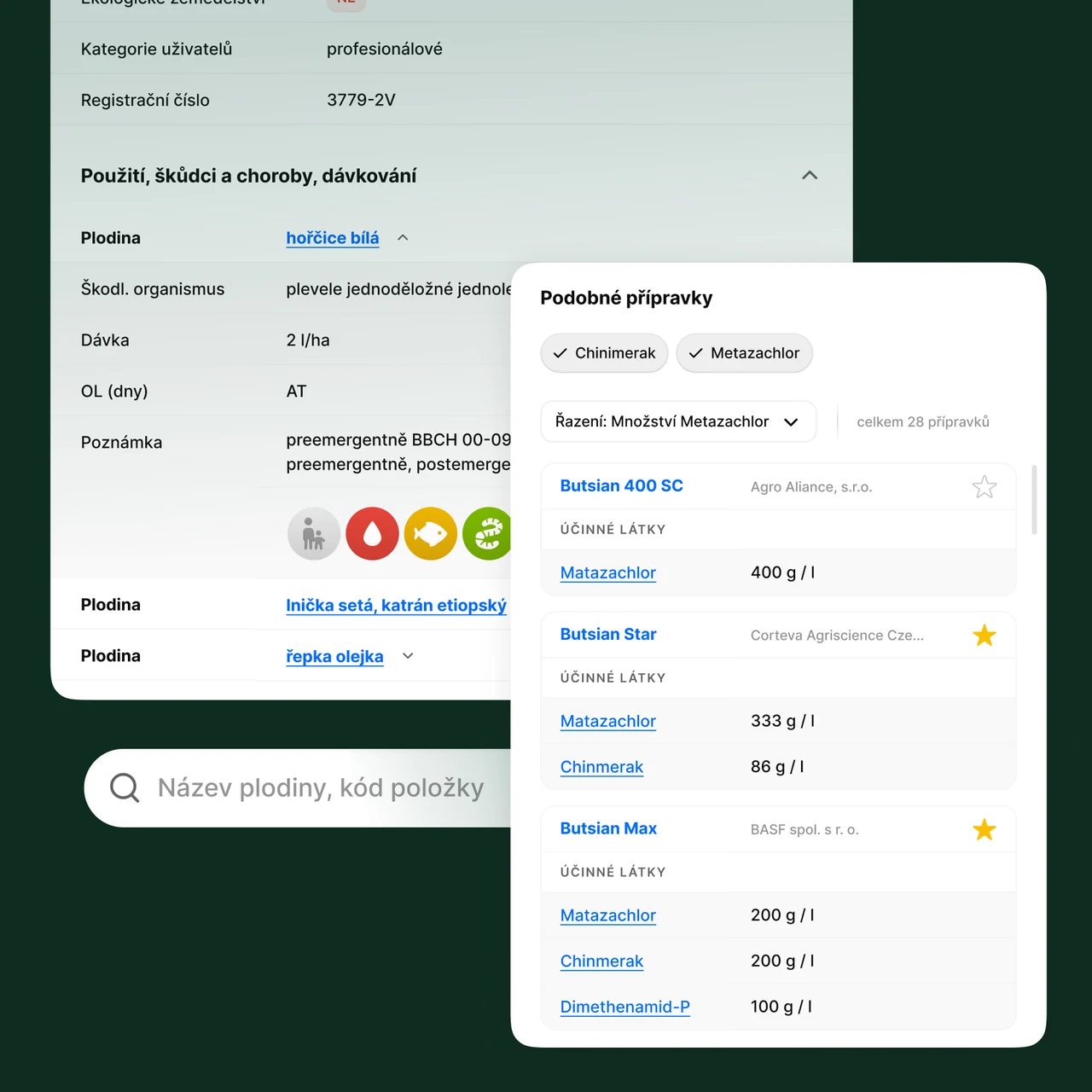 Vyhledávač zemědělských vstupů v aplikaci Můj Agroscan