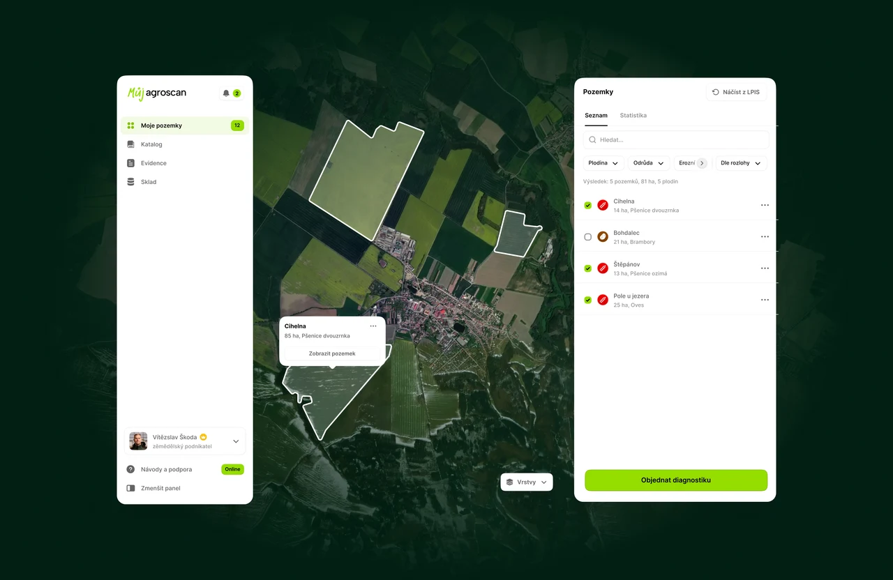Rozhraní aplikace Můj Agroscan s ortofotem pozemku, vegetační mapou NDVI a detailem pozemku